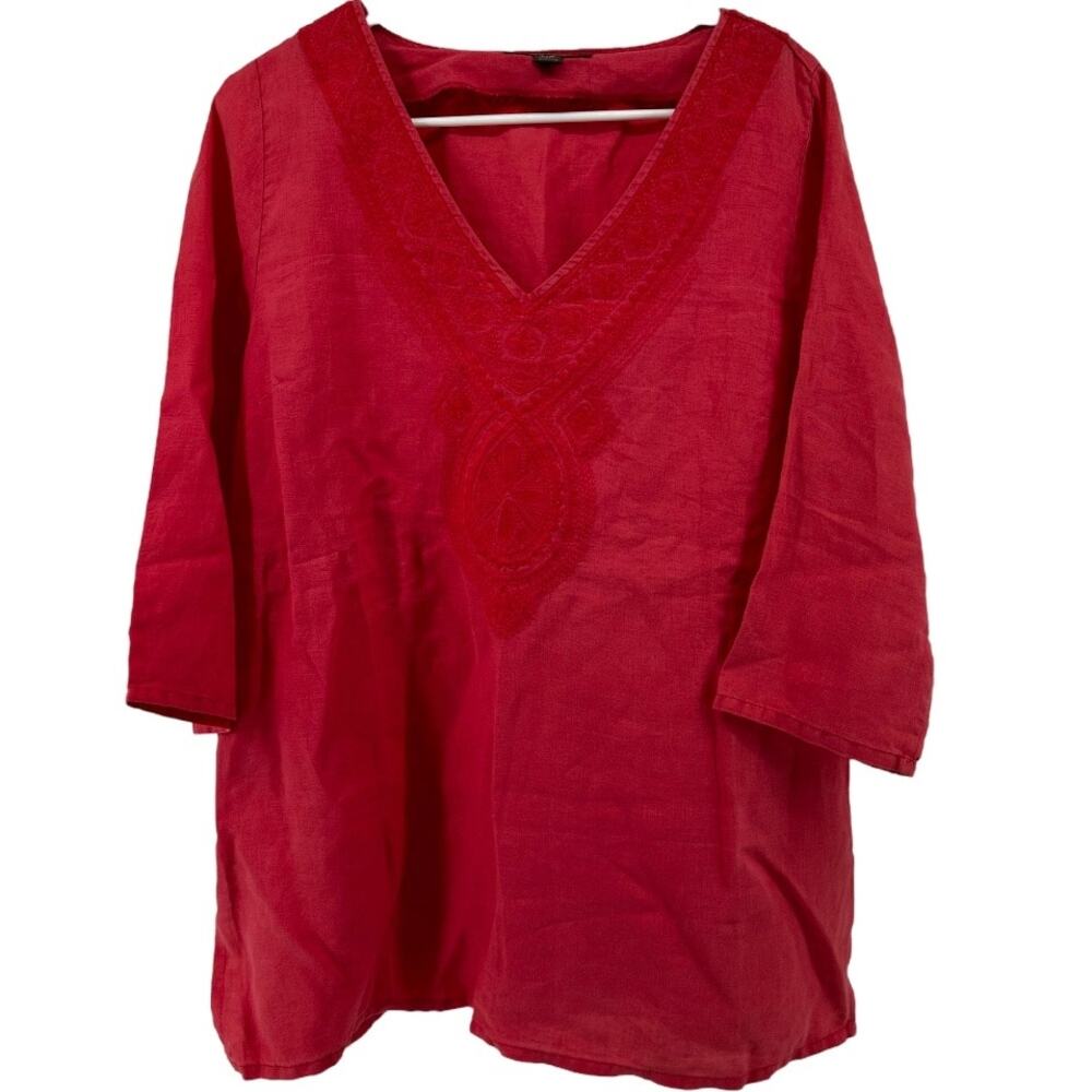 Tommy Bahama V Neck Tunic Blouse 3/4 Sleeve Lace Trim 100% Linen Red L